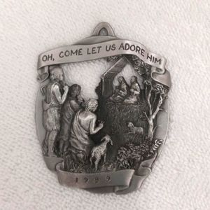 Pewter Vintage Xmas Ornament, Oh Come Let Us Adore Him, 1989